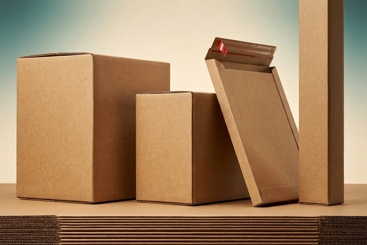 Verschiedene Wellpappkartons und Zuschnitte aus dem Sortiment von Impuls Fairpackung